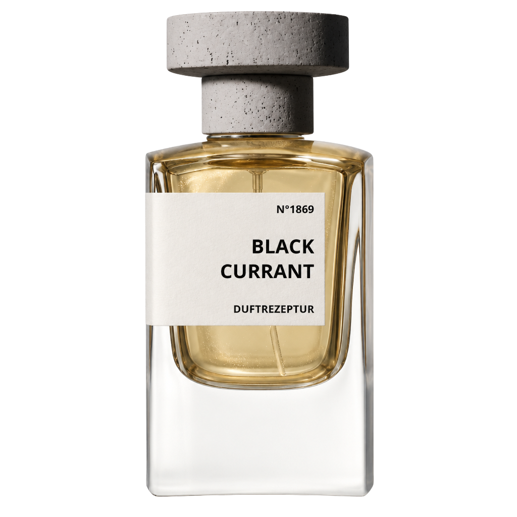 Duftrezeptur Black Currant Flakon mit goldenem Duft und Beton-Kappe